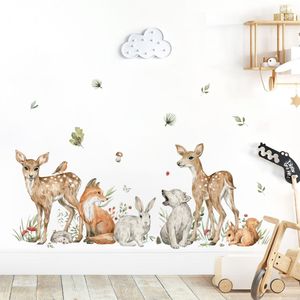 Dessin animé aquarelle forêt animaux cerf plante autocollant mural pépinière vinyle enfants Art mural décalcomanies pour bébé enfants chambre décor à la maison