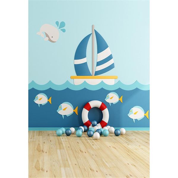 Dessin animé baleine poissons voilier bébé enfants océan fond plancher en bois imprimé natation anneau balles enfants photographie décors