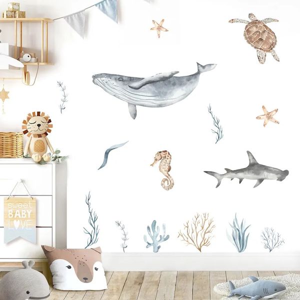 Carton Whale Turtle Ocean Animal Aweed Watercolor Kids Sticker Sticker Vinyl Nursery Art Deccals For Babys Boys Room Home Decor 231221