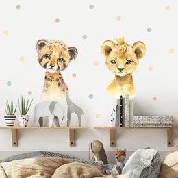Dibujos animados de animales salvajes, León, jirafa, lunares, pegatinas de acuarela para pared, calcomanía de vinilo extraíble para pared de guardería, decoración del hogar para habitación de niños y niños