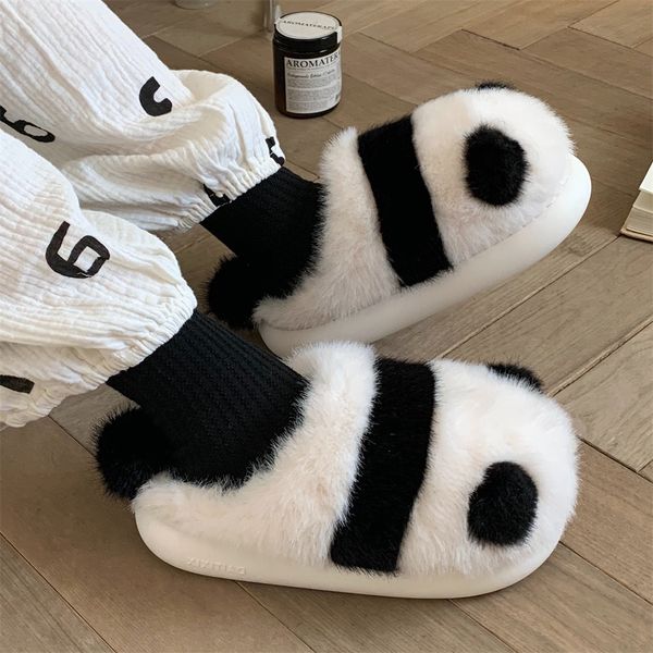 Dessin animé Hiver Home Panda Furry Indoor plateurs plates Femme Coton Femme Animal mignon Chaussures non glissantes