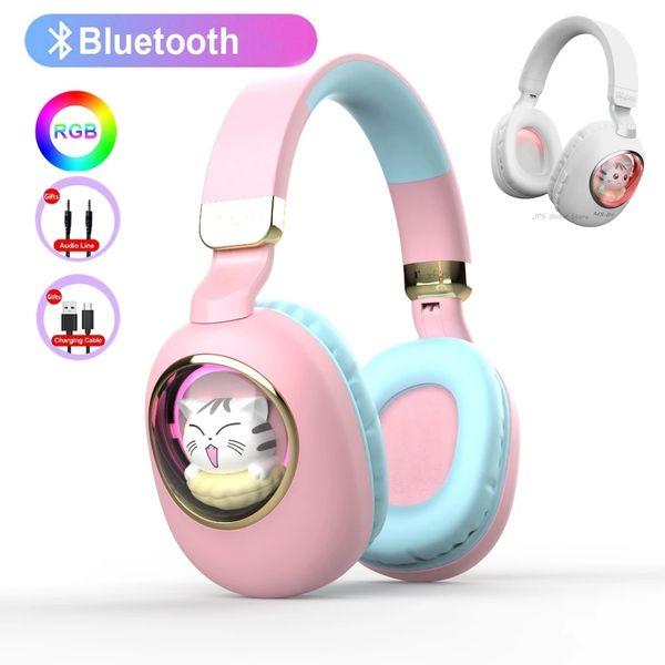 Auriculares inalámbricos con Bluetooth de dibujos animados con micrófono RGB, auriculares de música estéreo con luz para niñas, auriculares para niños, regalos, cascos para jugadores