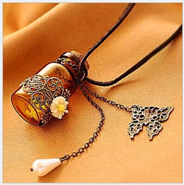 Sculpter des motifs ou des dessins cacher corde longs colliers chaîne de pull en liège rétro fleur souhaitant bouteille pendentifs bijoux pour filles cadeau