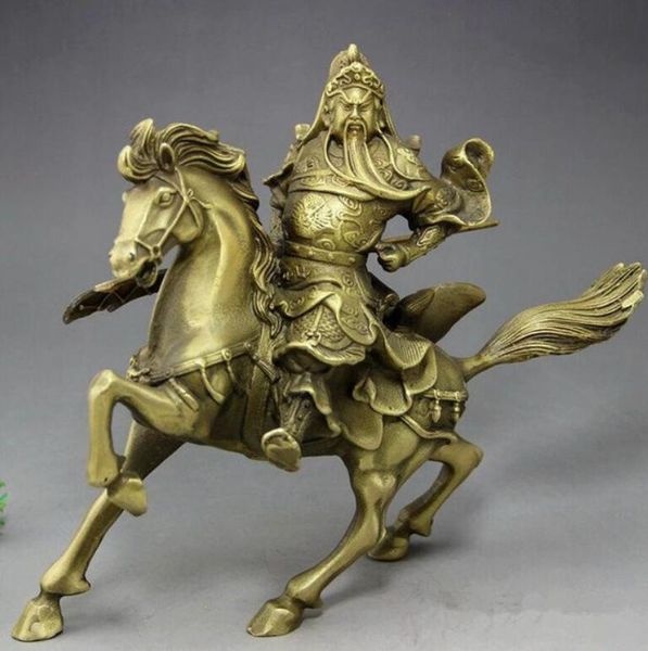 Artesanía de bronce antiguo tallado caballo latón Gong Wu dios de la riqueza suerte exorcizar espíritus malignos adornos para el hogar