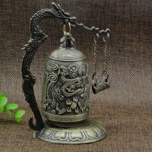 Gesneden antiek China Dragon Bell Asian Antiques Copper Brass Lotus Boeddha Boeddhisme Arts Statue Clock Home Decoratieve ambachten