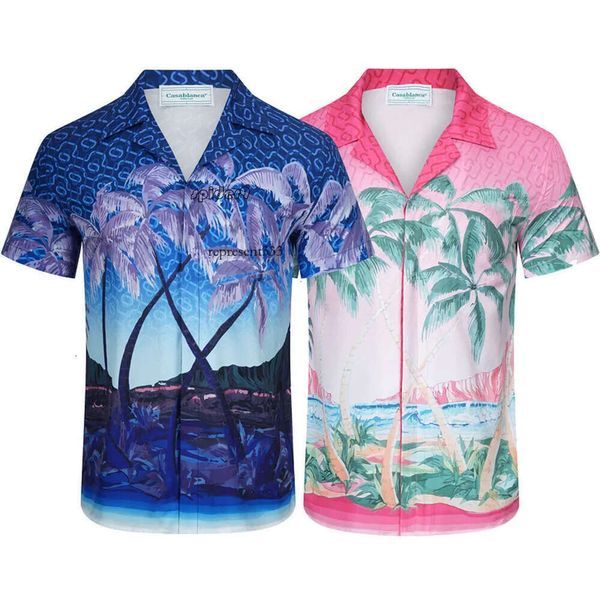 casa blanca camisas Novedad de verano, traje para hombre, camisa de manga corta con cuello abatible, árbol de coco delantero y trasero