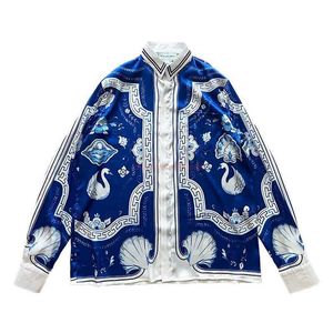 Casa Designer Fashion Clothing Shirts Tracksuits Hoogwaardige Casablanca 23ss Blue Marble Swan -paar Hawaii lange mouwen shirt