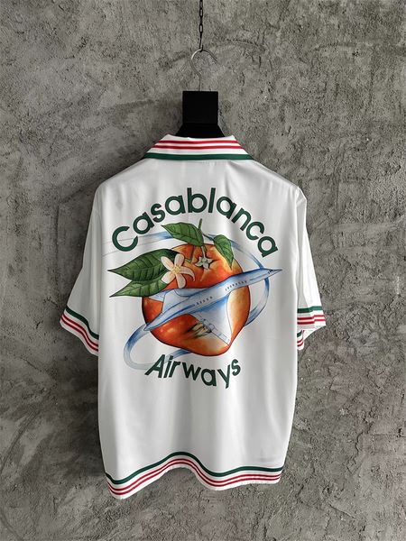 Camiseta de seda de diseñador de caslablanc hombre 23SS nuevas camisas de estampado de avión naranja