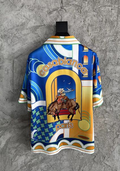 Casablanca 23ss New Western Horse Trainer Trainer des chemises en soie Hawaiian Short Shirt Bouton Up Casablanc Shirts Loose British Sleevepolos