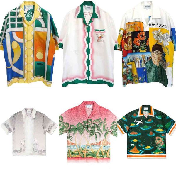 Casablanca 24ss Diseñadores de moda Camisas de seda para hombre Raqueta de tenis de mesa Temperamento Camisa de manga corta de satén Camiseta de playa de verano Camisetas de lujo