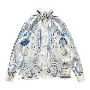 Casablanca chemise boutonnée bleu et blanc porcelaine cygne imprimé chemise mince petit ruffian beau décontracté chemises à manches longues pour hommes et femmes