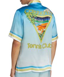 Camisa de diseñador Casablanca 23ss Blue Tennis Court Camisa de manga corta de seda de sarga blanca para hombres y mujeres Casablanc