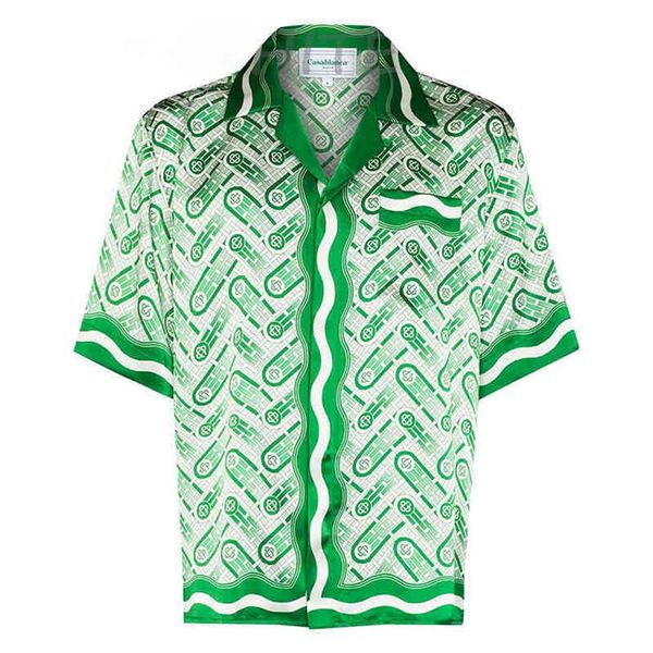 Casablanca Ping Pong Classic camisas para hombre pradera estampado verde Unisex suelta camisa de seda británica manga corta diseñador camisetas para mujer loo272v