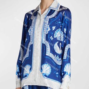 Casablanca23SS Blue Marble Swan Heren Designer Shirts Mode Hawaiiaans shirt met lange mouwen voor dames