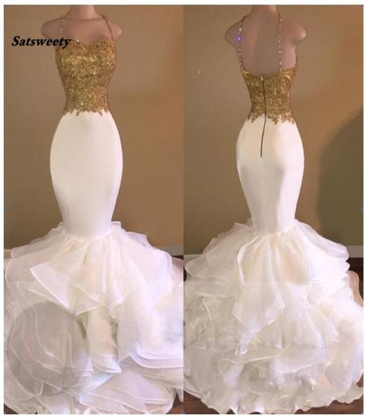 Casamento Sexy sirène robes De soirée or Appliques dentelle volants à plusieurs niveaux robes De bal fermeture éclair dos ouvert Robe De Mariee4446560