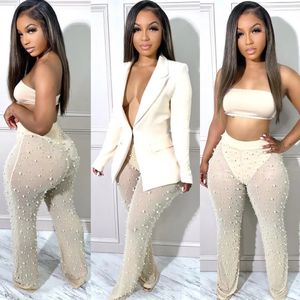 Casaul Tweedelige Set Office Lady Bubble Bead Sheer Mesh Jas Jas Lange Broek Trainingspak Kleding Voor Vrouwen Outfit 240305