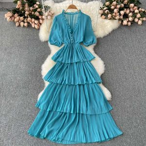 Cascading Ruffle Red / Blue / Brown Murffon Long Robe Femme Elegant V-Neck High Waist Short Sleeve Vacation Beach Vestidos Summer 2024