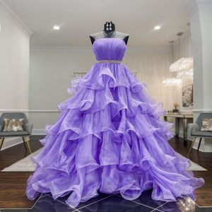 Cascading ruches lilac prom jurk 2022 baljurk organza strapless formele evenementen feestjurken zipper achter mouwloos ontwerp quinceanera 346H