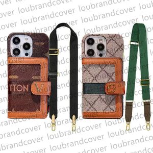 Hoesje Designer Telefoonhoesje voor iPhone 15 14 pro max 13 11 12 ProMax XR XS Modemerk Monogram Print Lederen kaartvak Portemonnee Handtas Crossbody Lanyard Mobiele hoes