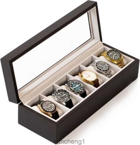 Case Elegance Solid Espresso Wood Watch Box Organizer met glazen display top