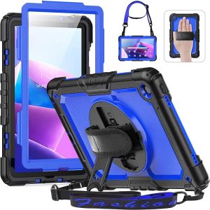 Voor Lenovo Tab M10 HD Plus 10.3 inch Handriem 360 Roterende Stand Case M10 HD 2e 3e Gen 10.1 Schokbestendige Kindveilige PC + Siliconen Stand Cover Schouderriem + Scherm PET-folie