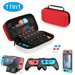 Case voor Nintendo Switch 11 in 1 Nintendo Switch-draagtas, geleverd met 2 handgrepen, verstelbare PlayStand gehard glazen schermbeschermer met 6 duimgreepdoppen, rood/wit