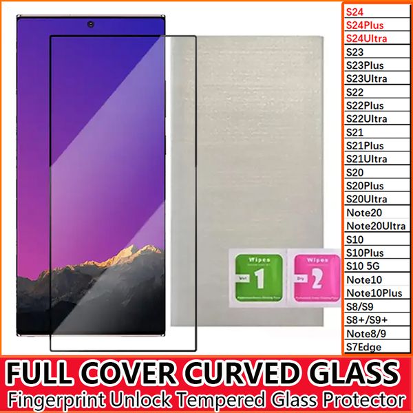 S24Ultra Protector de pantalla de vidrio templado curvo para desbloqueo de huellas dactilares para Samsung Galaxy S24 S23 S22 S21 Note20 S20 Plus Ultra S10 Note10 Plus S8 S9 Note8