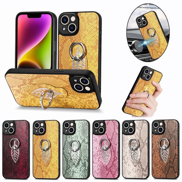 Fundas de TPU suave de cuero de serpiente de patrón de pitón para iPhone 14 Pro Max 13 12 11 X XR XS MAX 8 7 6 Plus Soporte de anillo de dedo Imán Soporte de coche Soporte de teléfono móvil Contraportada Piel