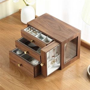 Casegrace luxe grand bijoux en bois boîte organisateur 4 tiroirs boucle d'oreille en bois collier montre bijoux cas de stockage cercueil 211105