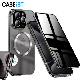 Caseïst 2 in 1 magnetische ring Anti Spy Peep Magnet Adsorptie Buckle Lock Telefonische Case Privacy Dubbelzijdig schermglas Mag Safe Cover voor iPhone 15 14 13 12 11 Pro Max Plus