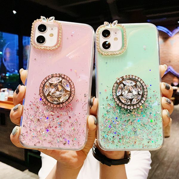 Coque de téléphone à paillettes avec anneau et béquille en strass 3D pour femme, cadeau pour iPhone 15 14 13 12 11 Pro Max XS 8 7 Plus