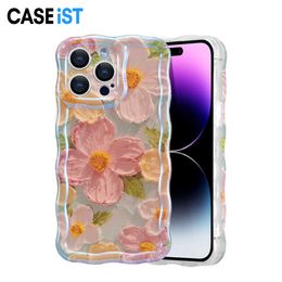 Caseista INS Retro Pintura al óleo Flower Case de teléfono colorido diseñador de arte lindos Mujeres Mujeres TPU Silicona láser cubierta de borde de olas brillantes para iPhone 15 14 13 12 11 Pro Max