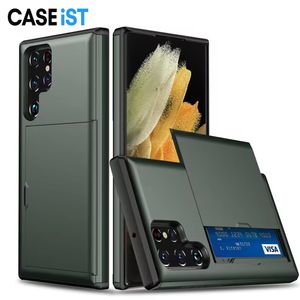 CASEiST Armadura resistente de lujo con ranura para tarjeta deslizante oculta Cartera Funda para teléfono de TPU para PC dual para Samsung Galaxy S24 Ultra S23 S22 S21 S20 Note 10 9 8 Plus FE A55