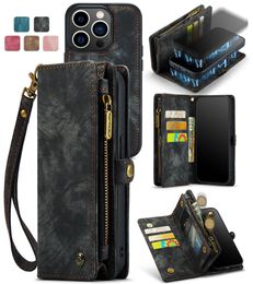 CaseMe Duurzame 2 in 1 afneembare portemonnee hoesjes Cover Premium leer PU met 8 kaarthoudergleuven Magnetisch ritszakje Flip Lanyard-riem voor iPhone 15 14 13 12 11 Pro Max