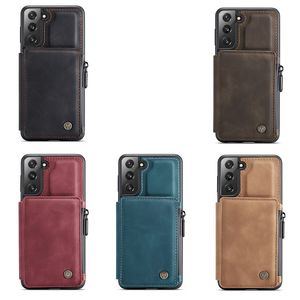 Caseme Leather à glissière Cois de portefeuille pour iPhone 11 12 Pro Max XS XR X 8 7 Plus Samsung S21 S20 Double magnétique Classe de support COUVERTURE RETRO