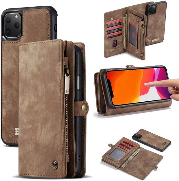 Étuis de téléphone portable 3in1 Flip Zipper Wallet pour iPhone 7 8plus x Xr Xsmax 11 12 13 14 Pro Max Samsung Note 20 S21 Couverture en cuir multifonctionnelle