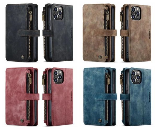 CaseMe Étuis portefeuille en cuir multifonctions pour iPhone 14 13 Pro MAX 12 Mini 11 XS XR X 8 7 Plus 6 Porte-fermeture à glissière Flip Cover Magnétique5993991