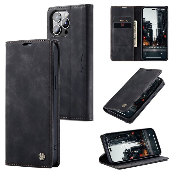 CaseMe Rétro Cuir Mat Flip Stand Wallet Cases pour iPhone 14 Pro Max 13 12 11 XS XR X 8 7 Plus Antichoc Vintage Card Slots Holder Phone Cover