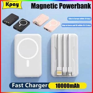 Cases 10000mah MacSafe Power Bank Magnetic draadloze snelle lader voor iPhone 14 13 Samsung Xiaomi Ingebouwde kabel draagbare reservebatterij