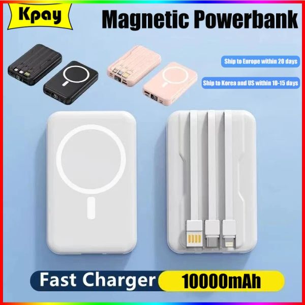 Caisses 10000mAh Macsafe Power Bank Charger rapide sans fil pour l'iPhone 14 13 Samsung Xiaomi Build In Cable Portable Portable Devery