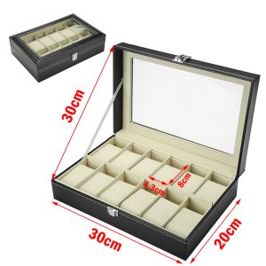 Cases 12 slots pols horloge box horloge houder opslagcase organizer zwart pu lederen horloge display doos regalos para hombre 30x20x8cm