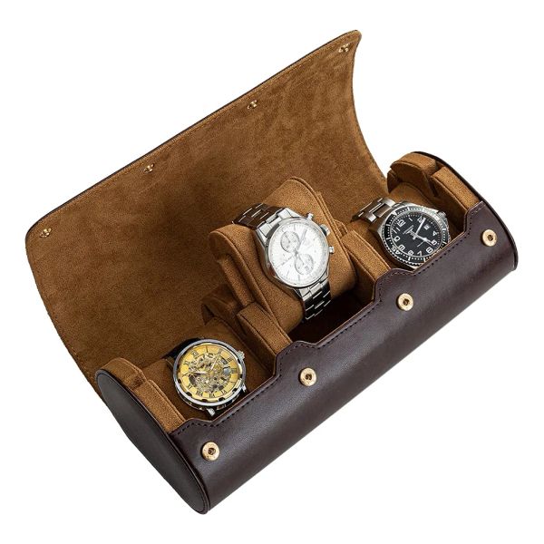 Caisses 3 machines à sous Roll Roll Travel Case chic portable Portable Vintage Display Watch Rangement Box Slid in Out Watch Holder Organizer Gift