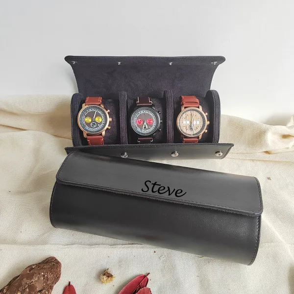 Caisses 3slot montre un roll de voyage Boîte de surveillance personnalisée Boîte de montre en cuir personnalisée pour lui Gravure de montre de montre Gfits pour hommes