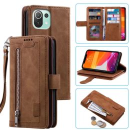 Cases 9 kaarten Wallet Case voor Xiaomi Mi 11 Lite 4G telefoonhoesje Kaart slot zipper flip folio met polsriem voor Xiaomi Mi 11 lite 5G