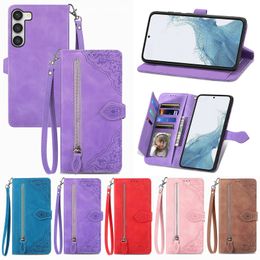 Cas Pour Samsung S23 Ultra Plus A03S USA A04S A13 5G M13 X Couverture 6 Pro A23E A14 Multifonctionnel Fermeture Éclair Portefeuille En Cuir Dentelle Fleur Impression Stand Flip Cover Card Cash Pouch