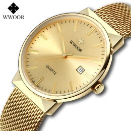 Caisses Gold Men de montre Wwoor Top Brand célèbre Horloge masculine en acier en acier imperméable Watch Luxury Golden Quartz Wrist Watch Relogio Masculino