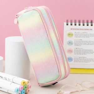Casos Kawaii Rainbow Lápiz Case para niñas Pencilase Pencilase Gran capacidad Organizador de papelería Caja de bolígrafo Tres bolsas de bolsa de la cremallera