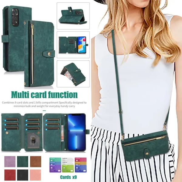 Cas de caisses de téléphone en cuir longue lanyard pour Redmi Note 13 12 12s 11 11s 10 Pro Xiaomi 13T 12T 11T 10T POCO X5 COUVERTURE DE CARTE DE PATTERRE DE LA CLACHE