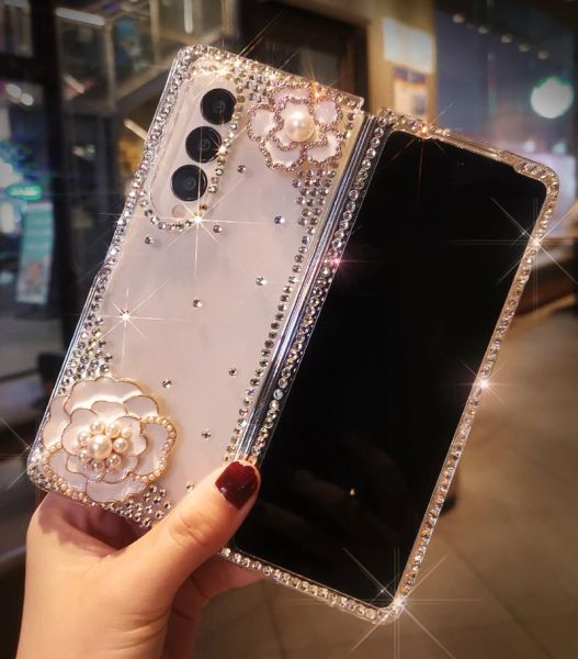 Caisses de caméra de téléphone de camélia perle de diamant de luxe pour Samsung Galaxy Z pli 5 4 3 2