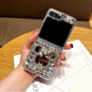 Casas Luxury Rhinestone linda estuche de teléfono espejo de ratón 3D para Samsung Galaxy Z Flip 5 4 3 Fashion Water Drop Diamond PC Hard Tapa trasera